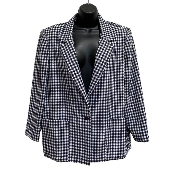 Vintage One Button Blazer Jacket New Attitude Dark Navy & White Check Sz 14 - Picture 1 of 13
